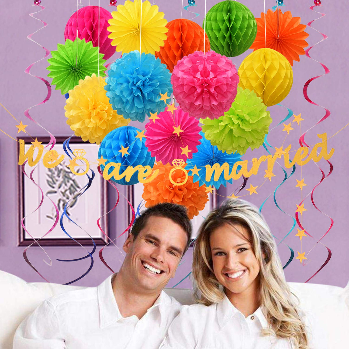 Colorful Paper Party Decorations, Tissue Paper Flower&Party Pom Poms wth Swirl Streamers, Premium