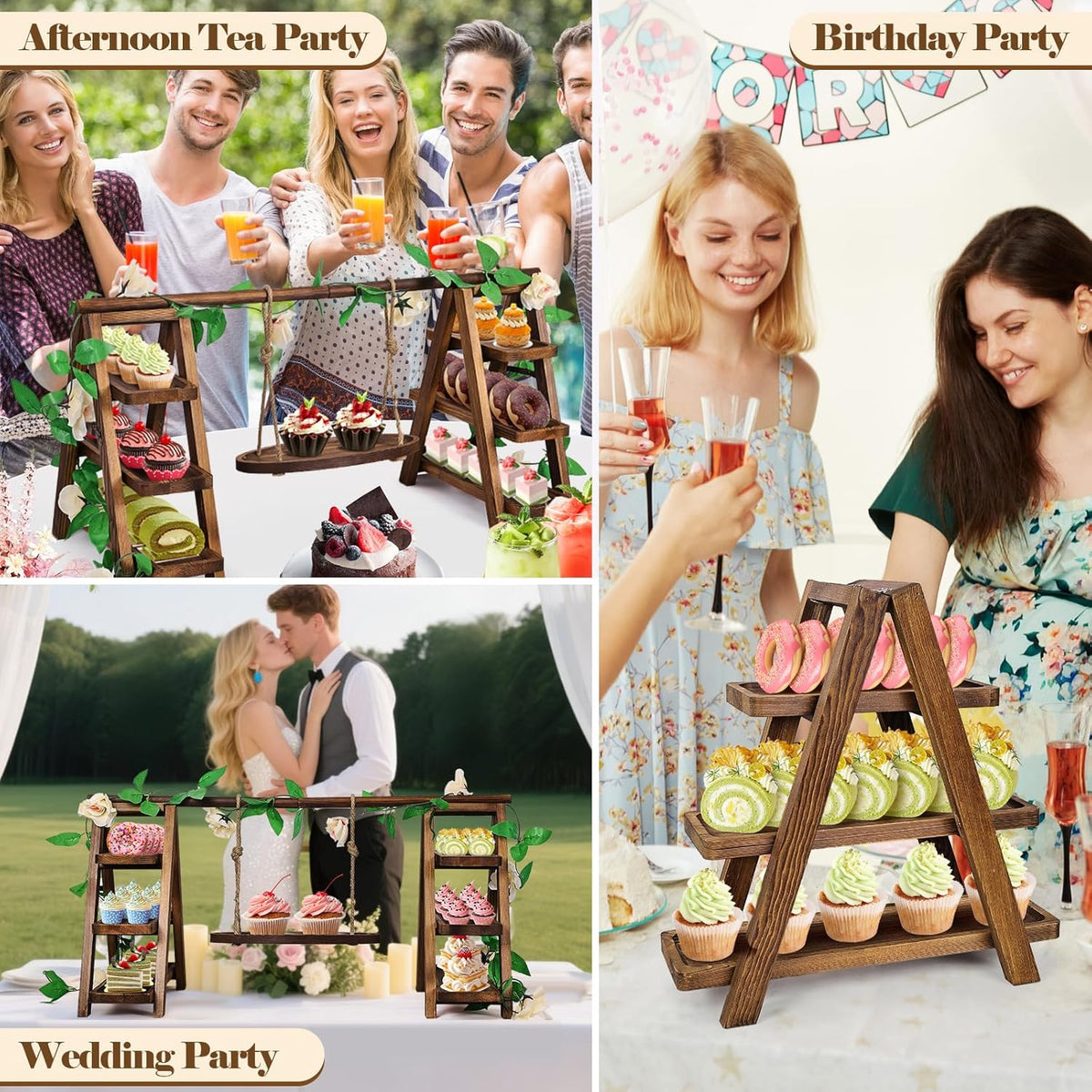 Wooden Cupcake Stand,3 Tier Cake Stands Party Food Display Serving Platter Tray Ladder Stand with