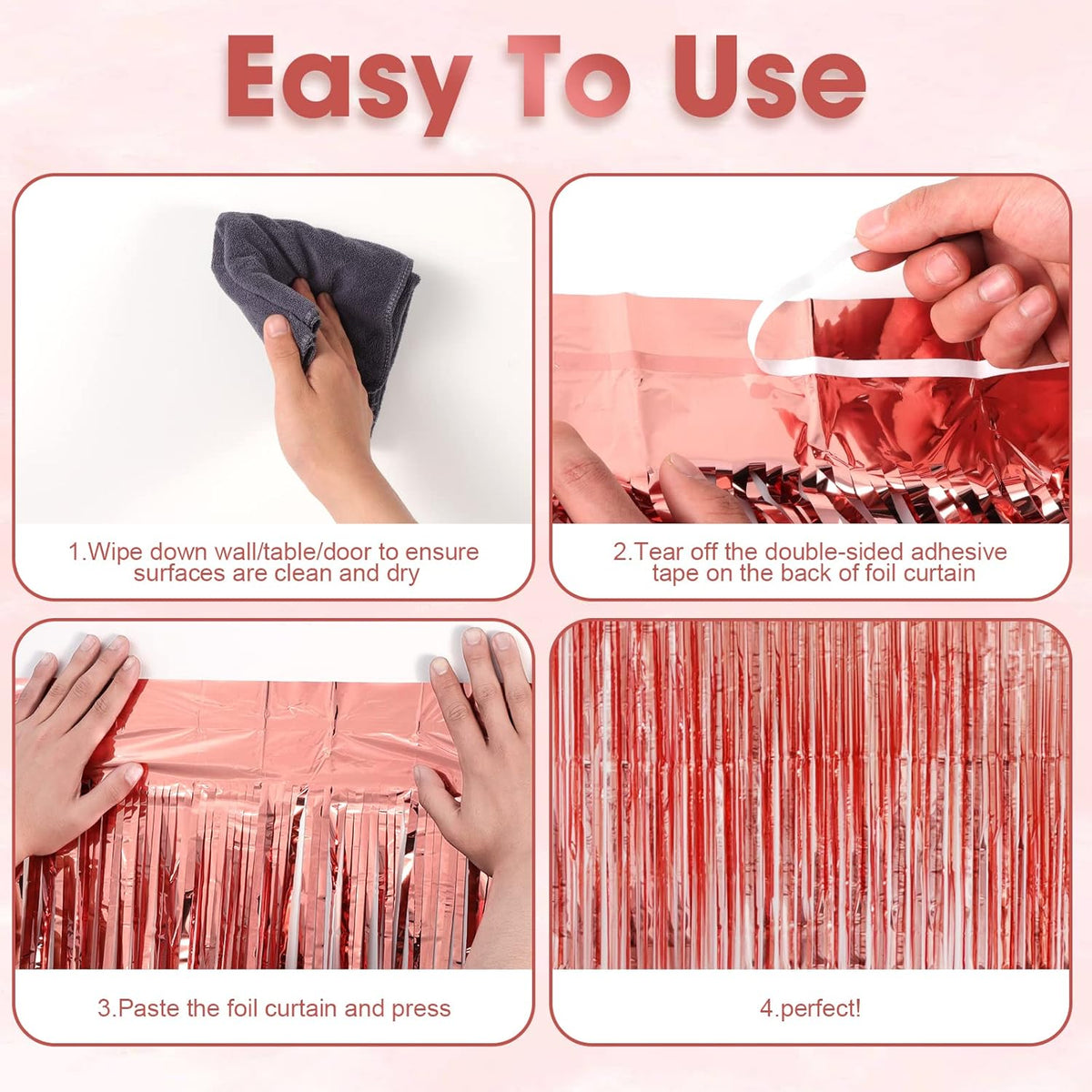 4 Pack Rose Gold Foil Fringe Backdrop Curtains, Tinsel Streamers Birthday Party Decorations, Fringe