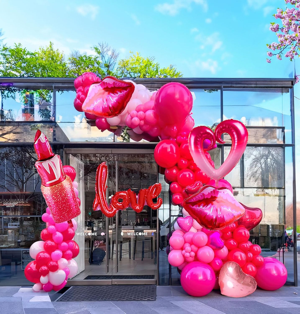 Valentines Day balloon garland arch kit with red Hot pink and love theme mylar lip heart-shaped