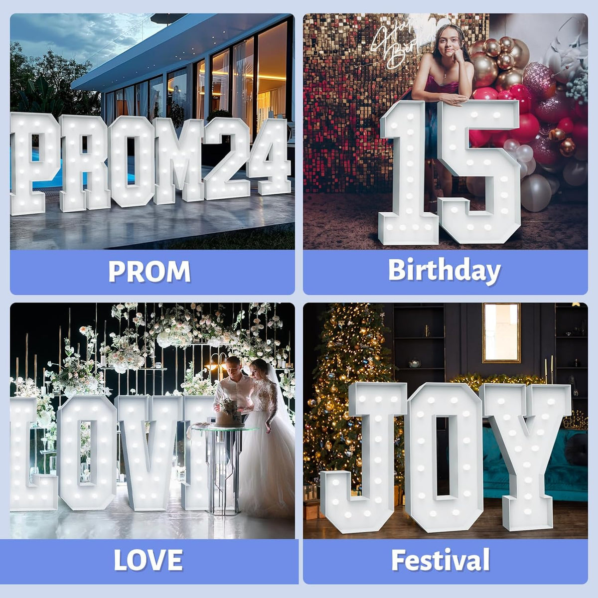 4FT Marquee Light Up Letters - Cool White Light Up Letters S with Fixed Water Bag, Party Decoration