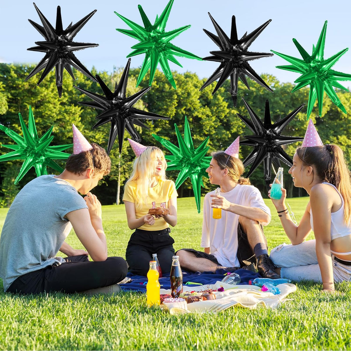 Black Green Star Balloons,9Pcs 22Inch Black Green Explosion Spike Cone Helium Polyester Film Star