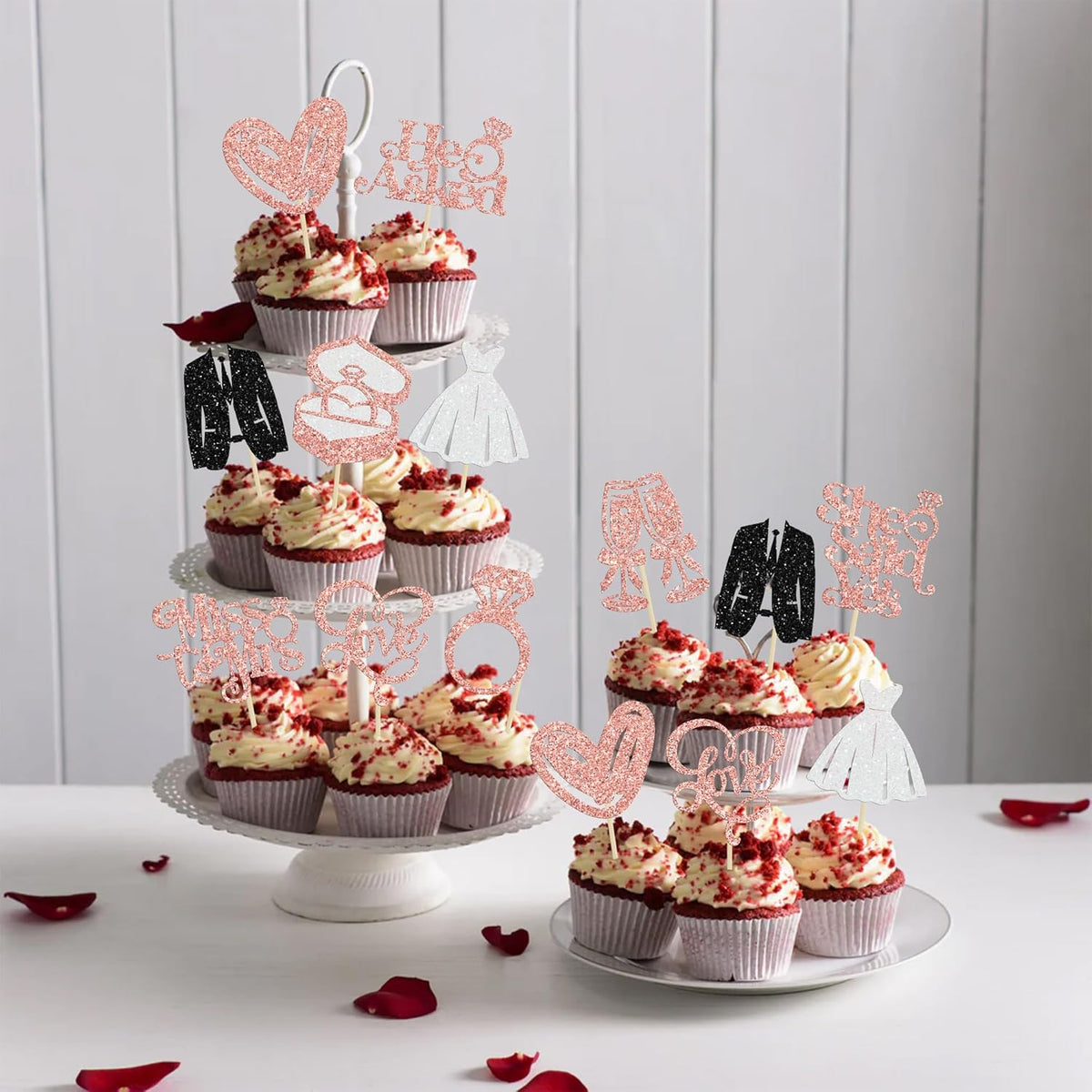Gyufise 30Pcs She Said Yes Cupcake Toppers Glitter Diamond Ring I Do Love Cupcake Picks Miss to Mrs