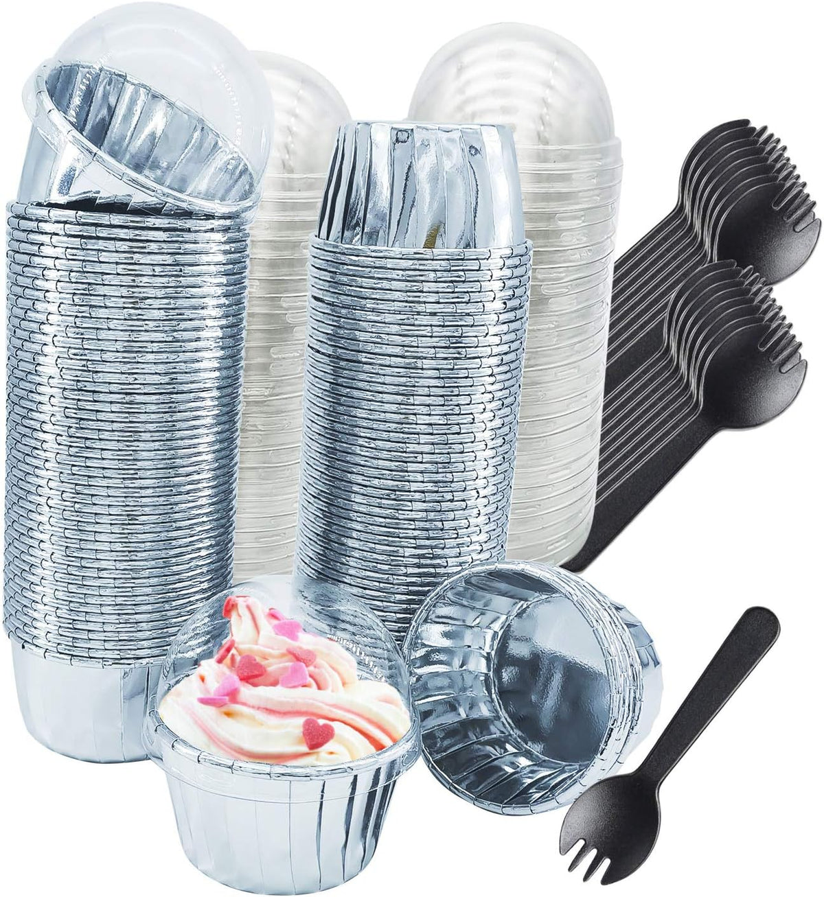Foil Cupcake Liners with Lids 100Pack,Free-Air 3.5Oz Foil Baking Cups Mini Muffin Liners,Disposable