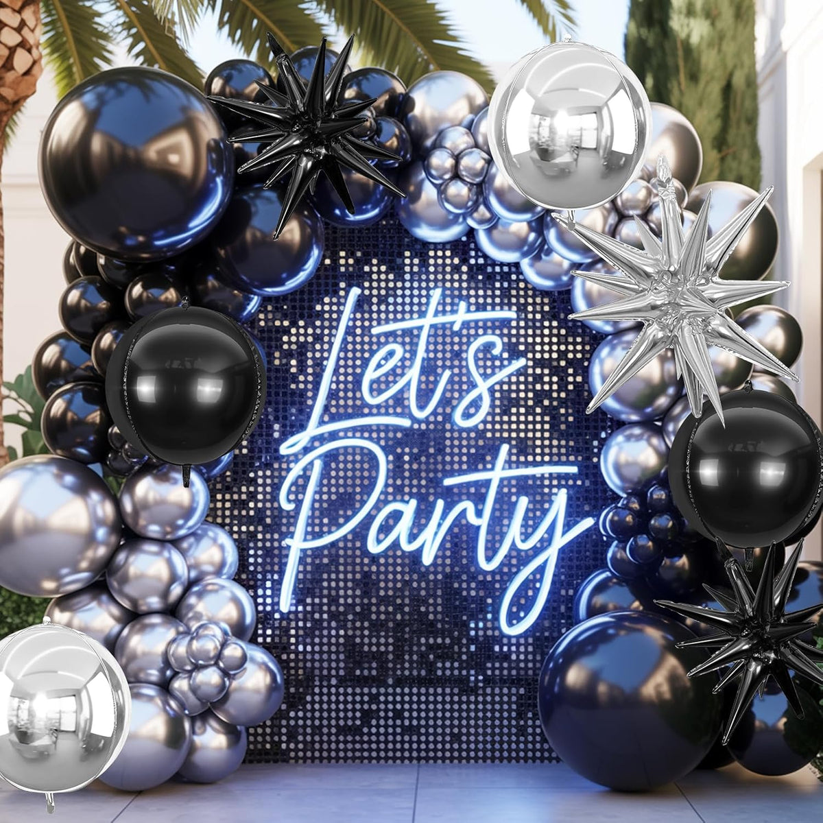 6Pcs Black Silver Foil Balloons,22Inch Black Silver 4D Round Ball Balloon and Explosion Star