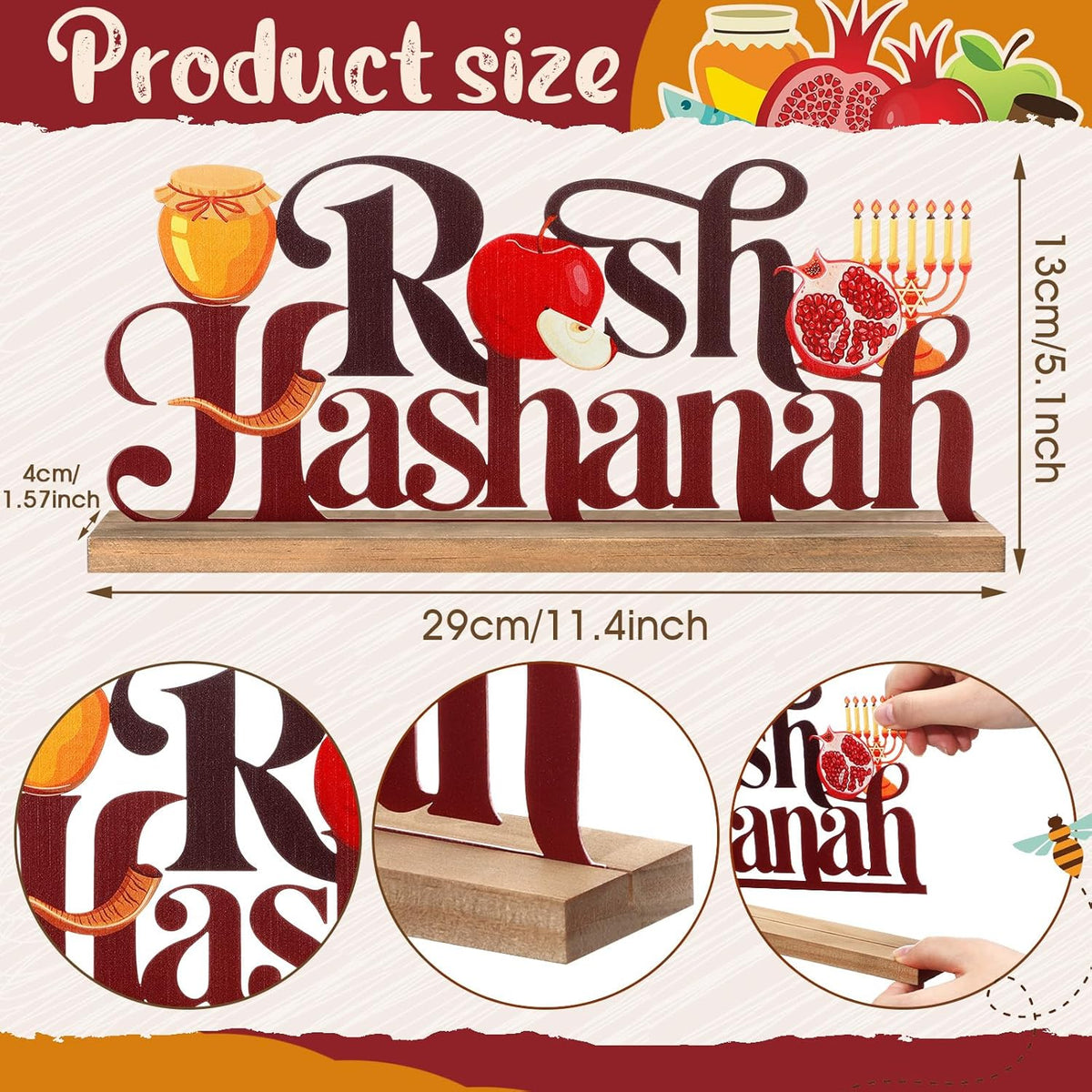 Rosh Hashanah Metal Sign Jewish New Year Table Centerpiece Tiered Tray Decor with Wooden Base Apple