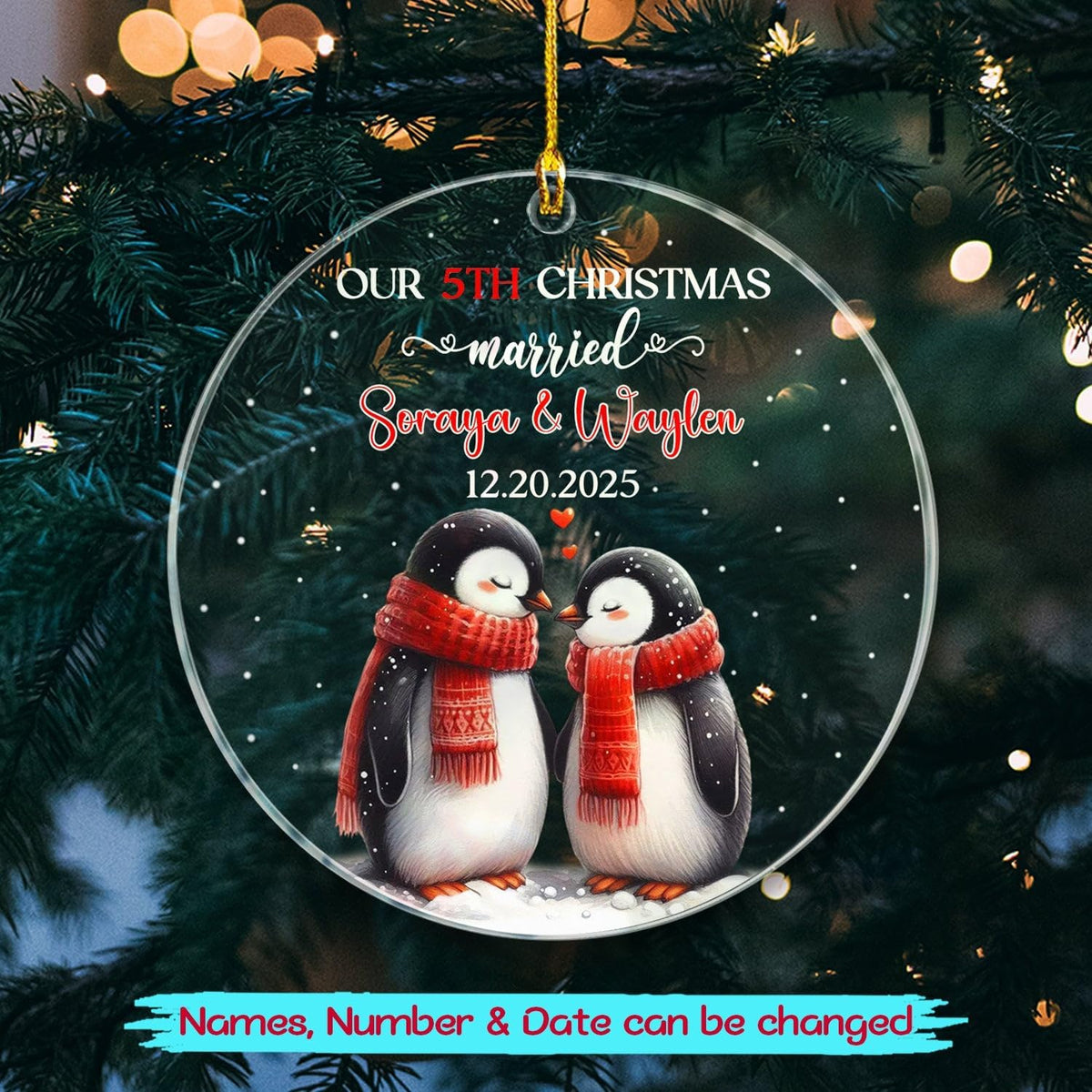 Our 5TH Christmas Married Ornament 2025, Customized Date & Name Mr & Mrs Penguin Xmas Ornament Gift