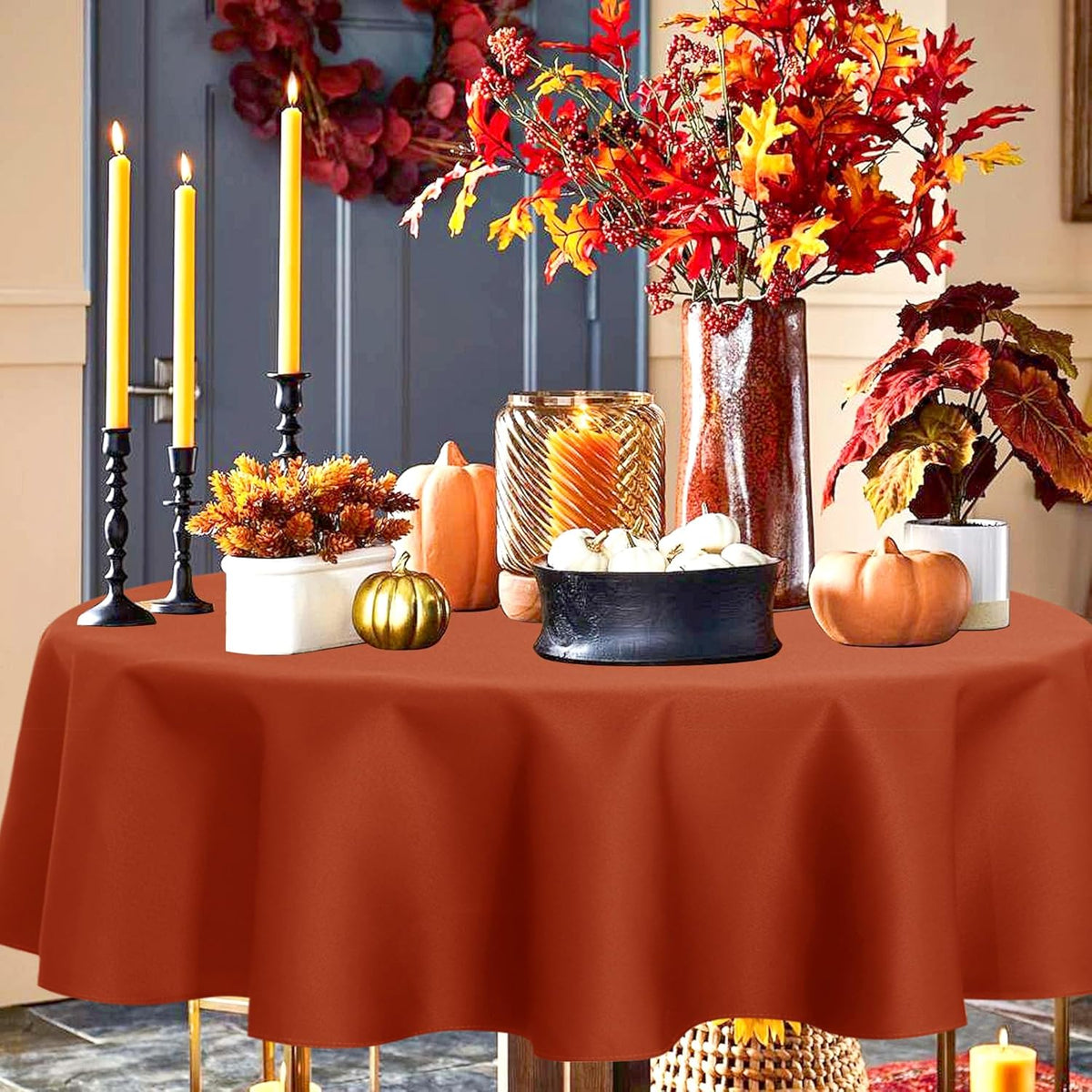 sancua Fall Round Tablecloth - 60 Inch Burnt Orange - Water Resistant Spill Proof Washable