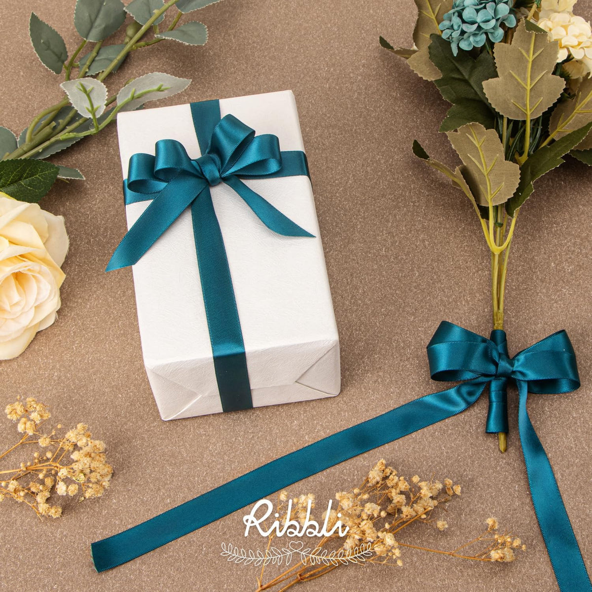 Ribbli Teal Satin Ribbon 5/8 inch x Continuous 25 Yards,Double Faced Satin Use for Craft, Gift
