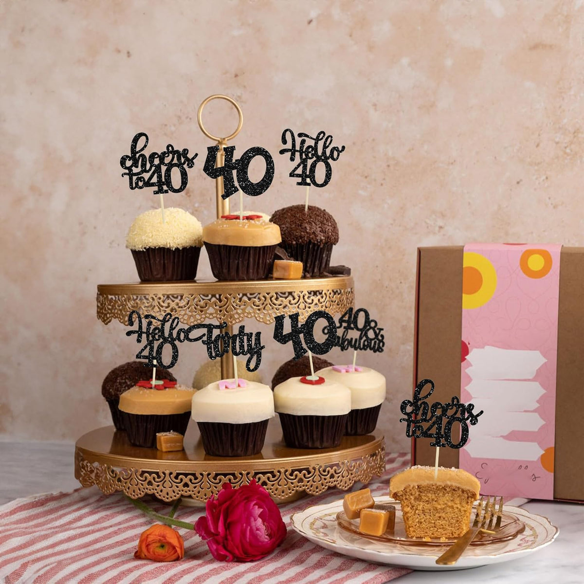 30pcs Happy 40th Birthday Cupcake Toppers - Black Glitter Forty Cheers to 40 Years Old Cupcake