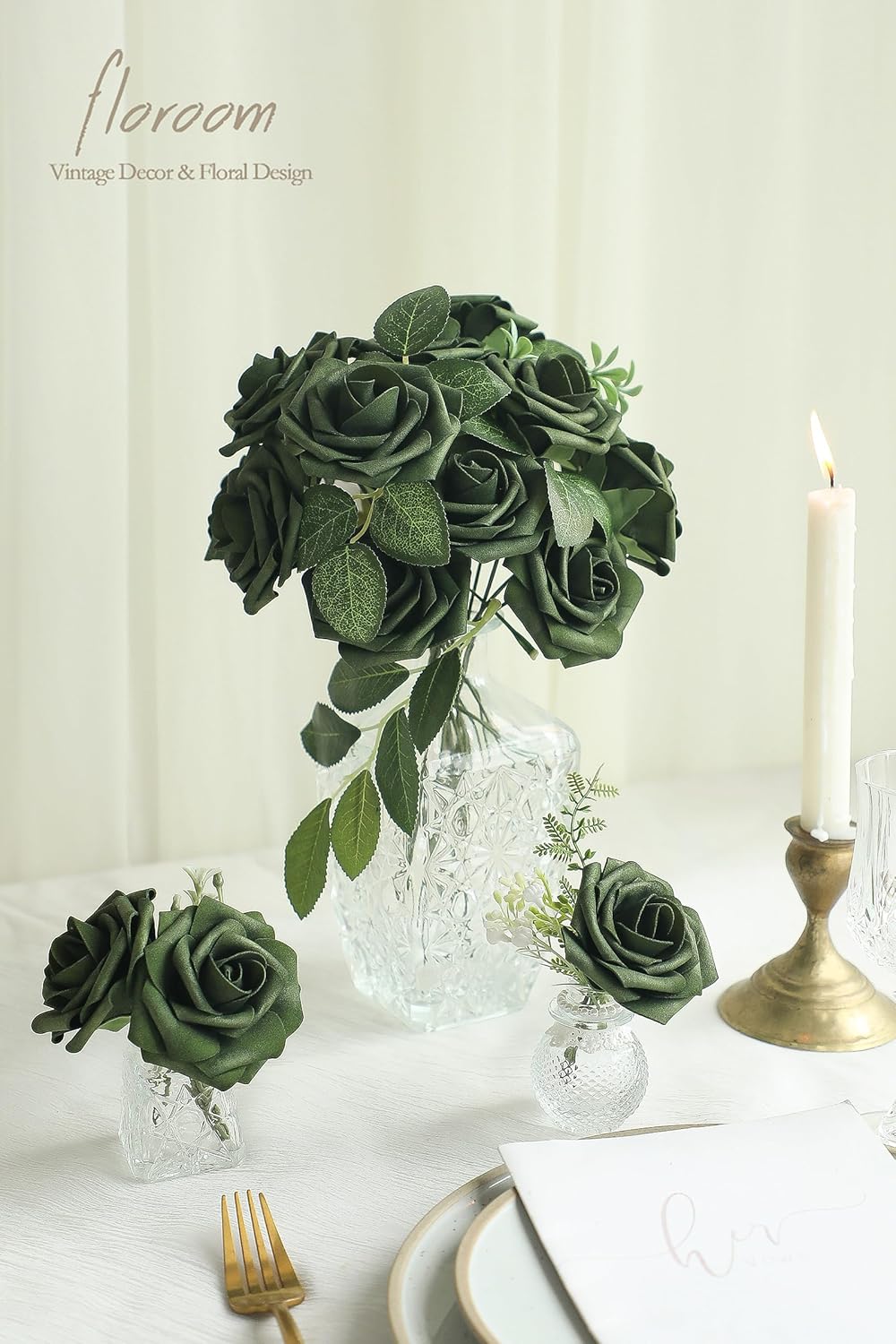 Floroom Artificial Flowers 25pcs Real Looking Emerald Green Foam Fake Roses with Stems for DIY