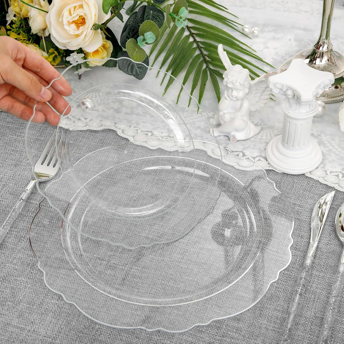 Liacere 150PCS Clear Silver Plastic Plates & Disposable Silver Plastic Silverware with Glitter