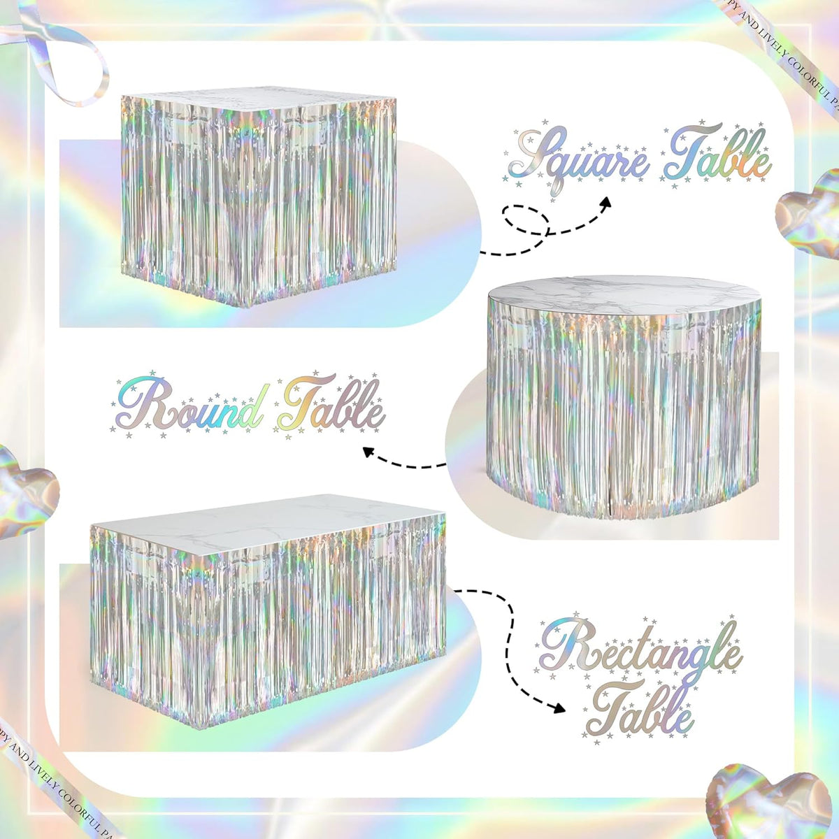 2 Pack Laser Silver Table Skirts, 29x108" Metallic Foil Tinsel Fringe Table Skirts for Rectangle