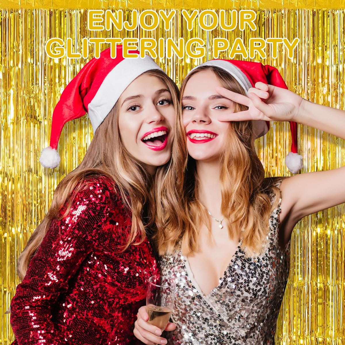 30 Pack Gold Foil Fringe Curtain Backdrop, 3.3x8.2 Feet Metallic Tinsel Streamer Curtains Photo