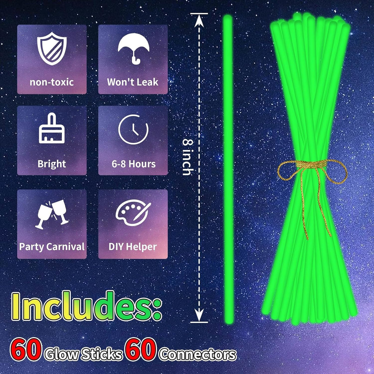 60 Pack 8” Green Glow Sticks Bulk with 60 Connectors Neon Glow In The Dark Party favors Supplies