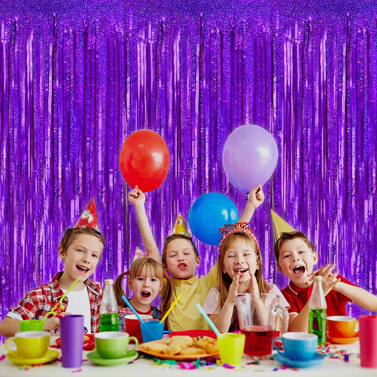 4 Pack Purple Tinsel Foil Fringe Curtain Backdrop, 3.28Ft x 8.2Ft Metallic Streamers for Photo