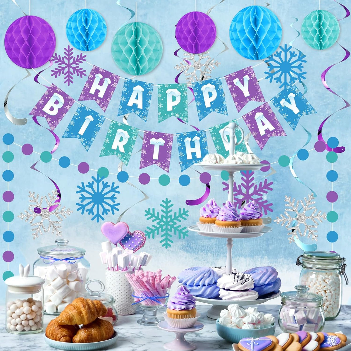 Funrous Snowflake Birthday Decorations Happy Birthday Banner Snowflake Hanging Swirls Honeycomb