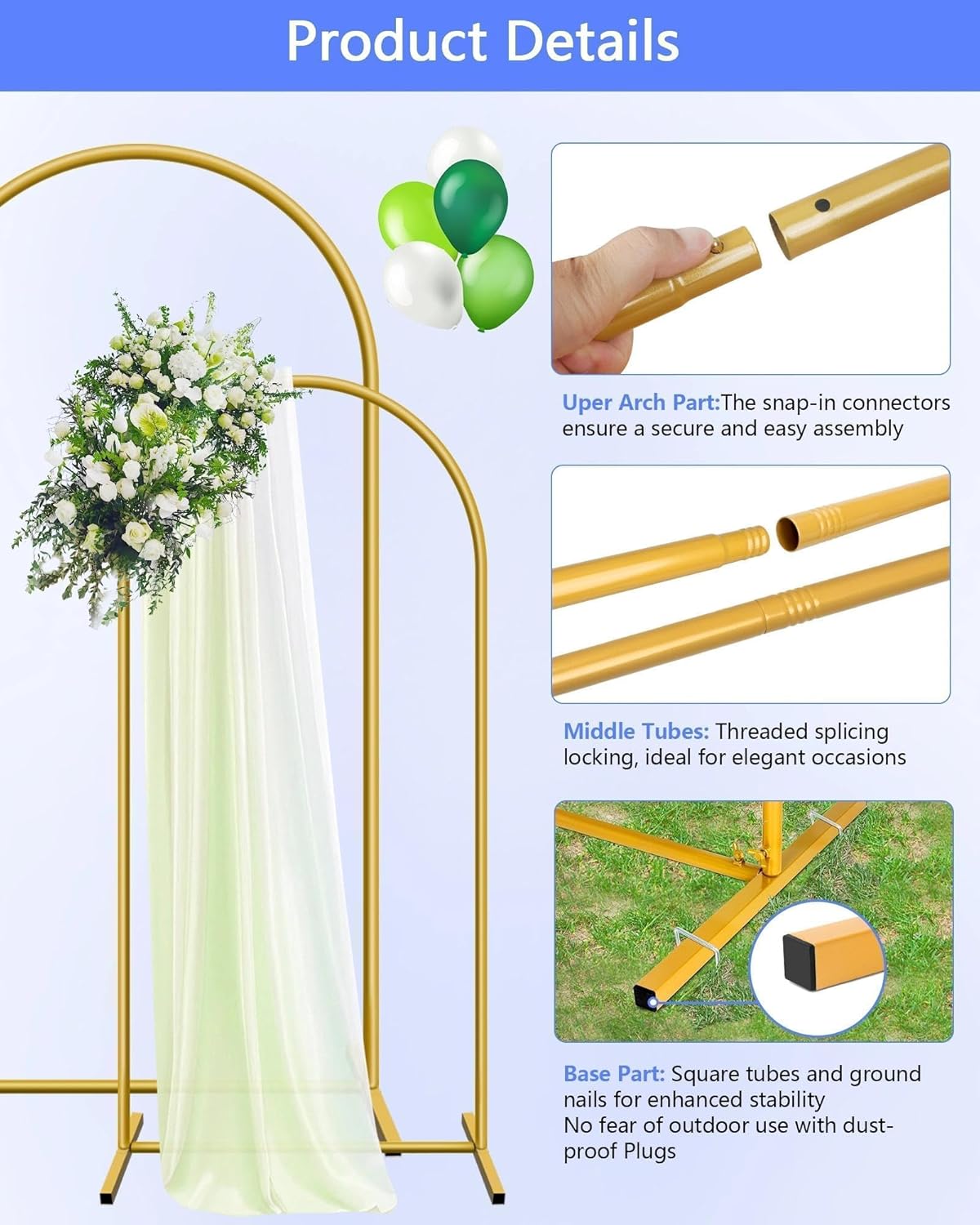 HEMMOTOP Metal Arch Backdrop Stand Set of 2 (7.2ft + 6ft), Wedding Arch Frame, Stable Background
