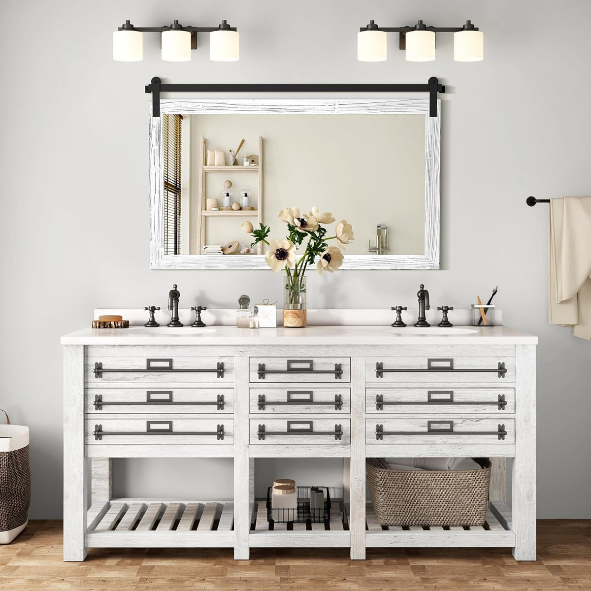 COGOOD Farmhouse Bathroom Mirror - 49 x 30 Rustic Wood Framed Wall Barn Door Mirror for Entryway
