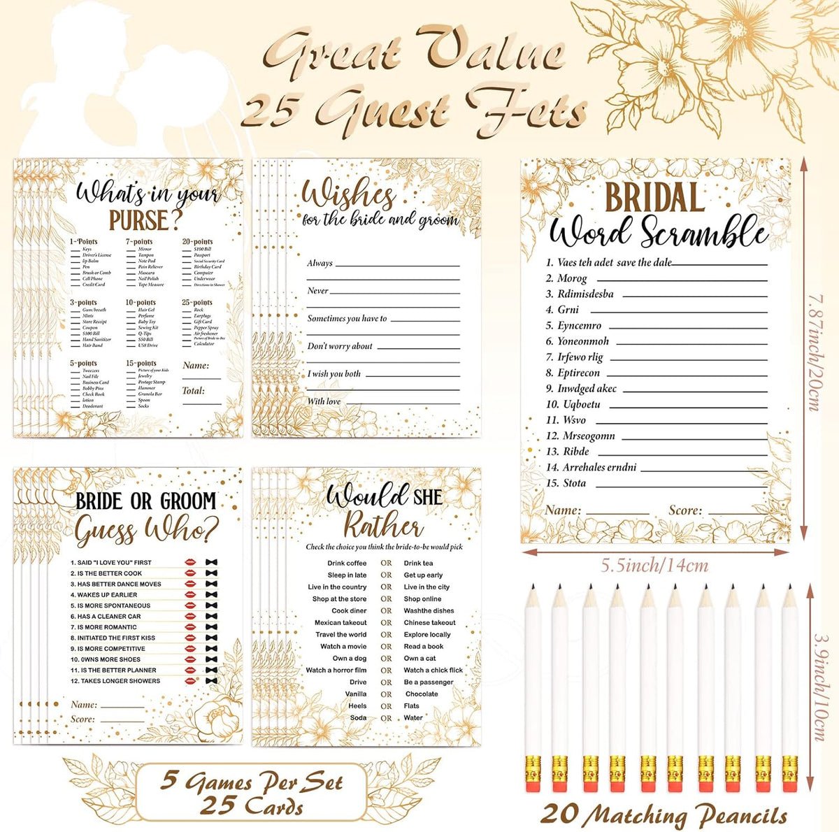 Teling 145 Pieces Bridal Shower Game Bridal Shower Favors Set Wedding Games Cards and Pencils for