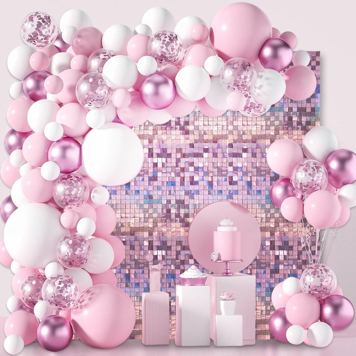 12PCS Light Pink Shimmer Wall Backdrop, Laser Square Sequin Photo Backdrops Panel, Glitter Wall