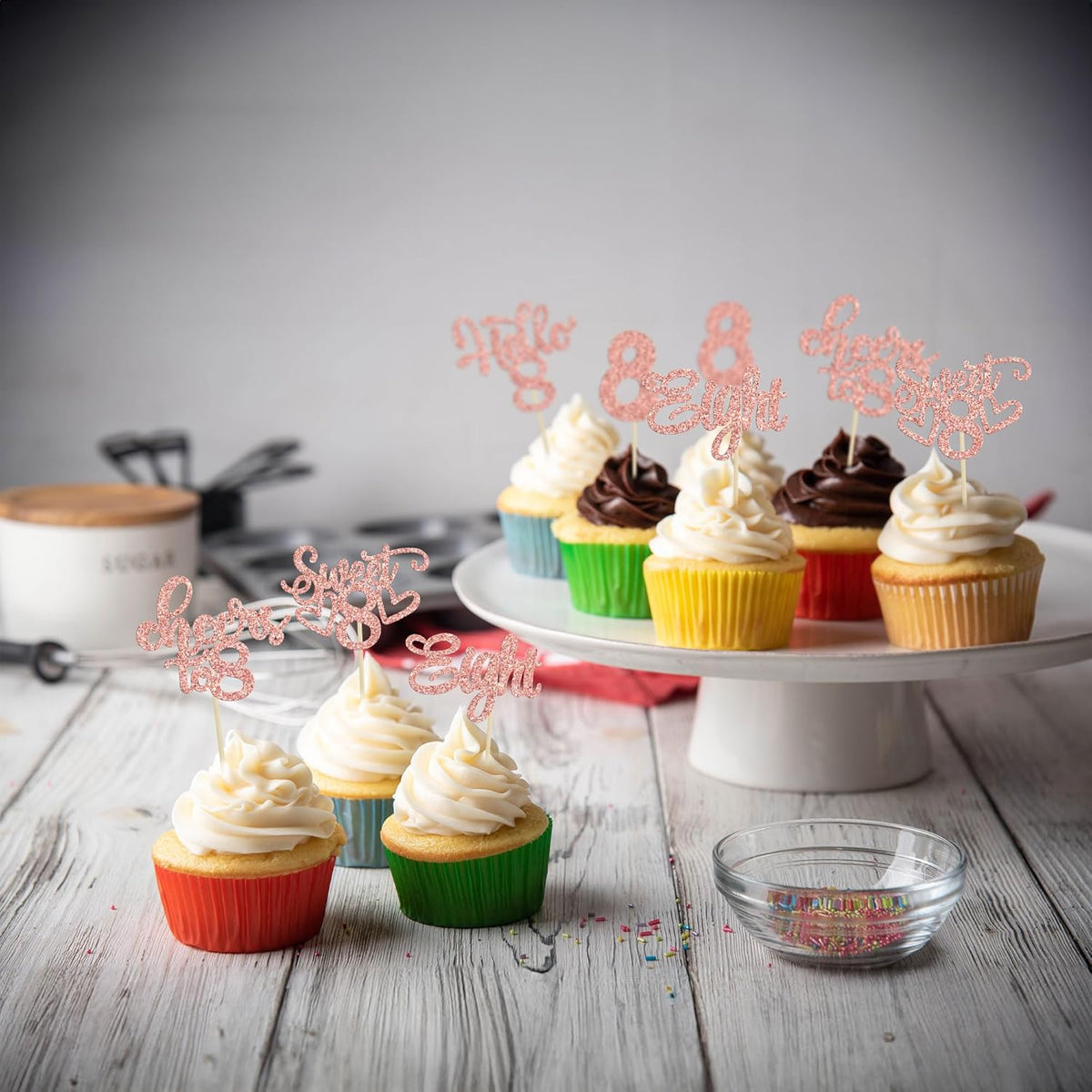 30Pcs 8th Birthday Cupcake Toppers Glitter Eight Hello 8 Cupcake Picks Cheers to 8 Years Old Cake