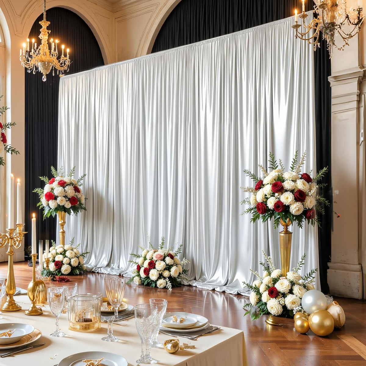 Silver Satin Backdrop Curtains 2 Panels - Glitter Photo Drapes for Baby Shower, 10x10FT Shimmer