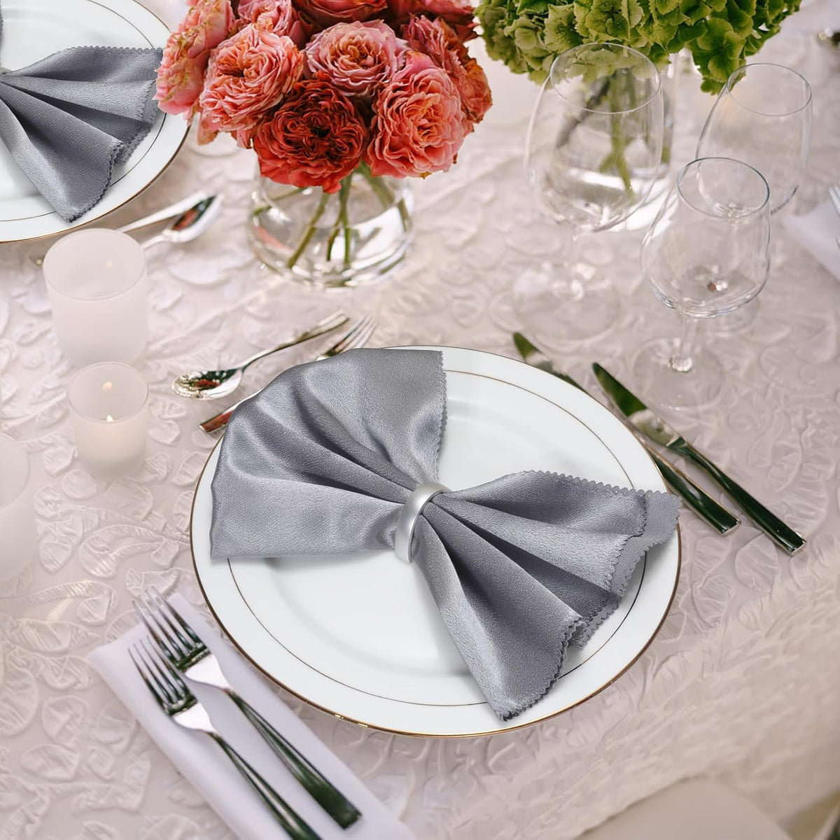 KPOSIYA Napkin Rings Set of 12, Metal Silver Napkin Rings Bulk for Table Settings, D-Shape Napkin