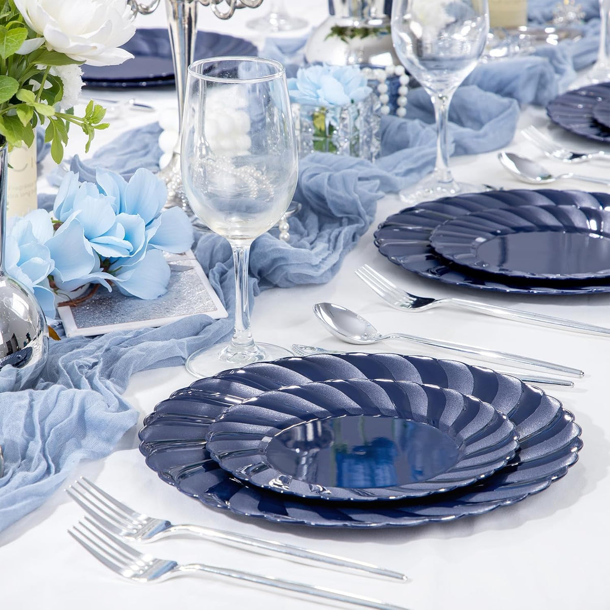 U-QE 60 Pcs Blue Plastic Plates for Party – Scalloped Blue Plates Disposable Heavy Duty – Include