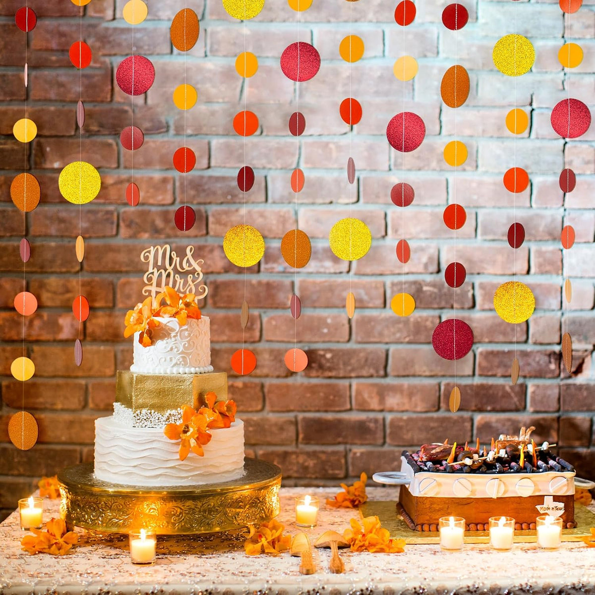 8 Pack Orange Red Glitter Dot Garland, Hanging Circle Streamers Banner, Backdrop Hanging