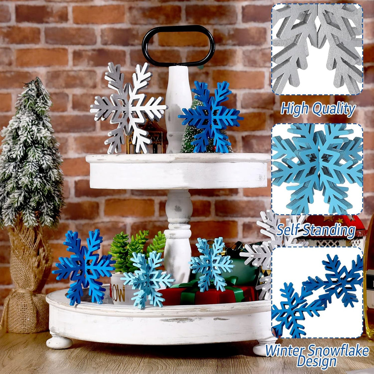 Bucherry 12 Pcs Wooden Snowflake Table Decor 3D Snowflake Tabletop Signs and Centerpiece for
