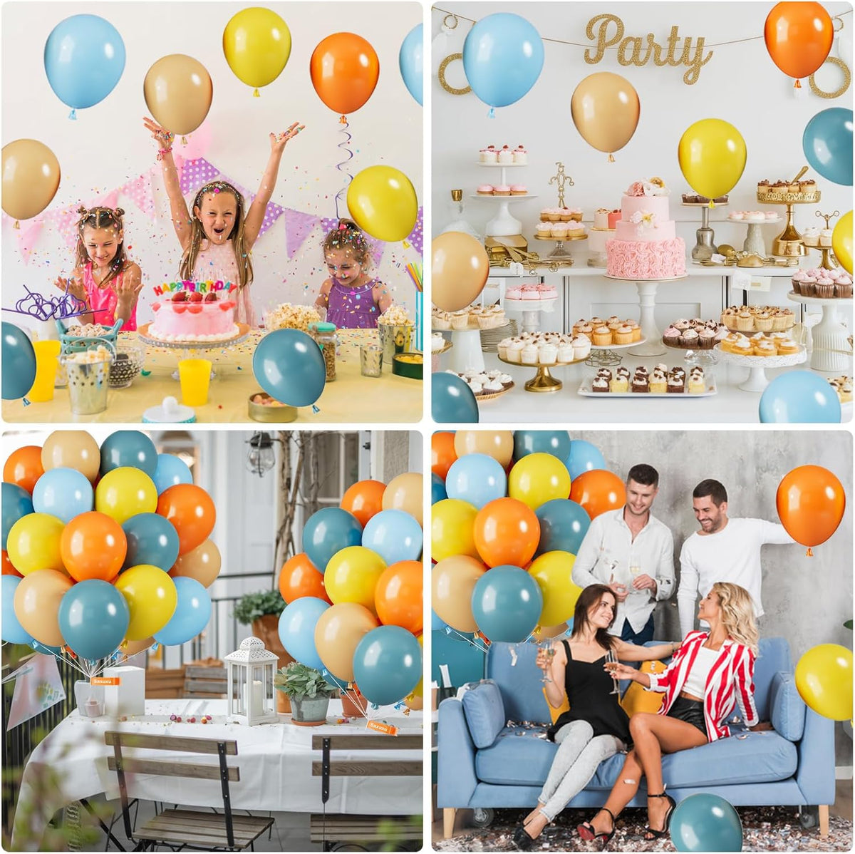 Blue Yellow and Orange Balloons, 12 Inch Retro Sea Blue Yellow Orange Balloons, Latex Helium