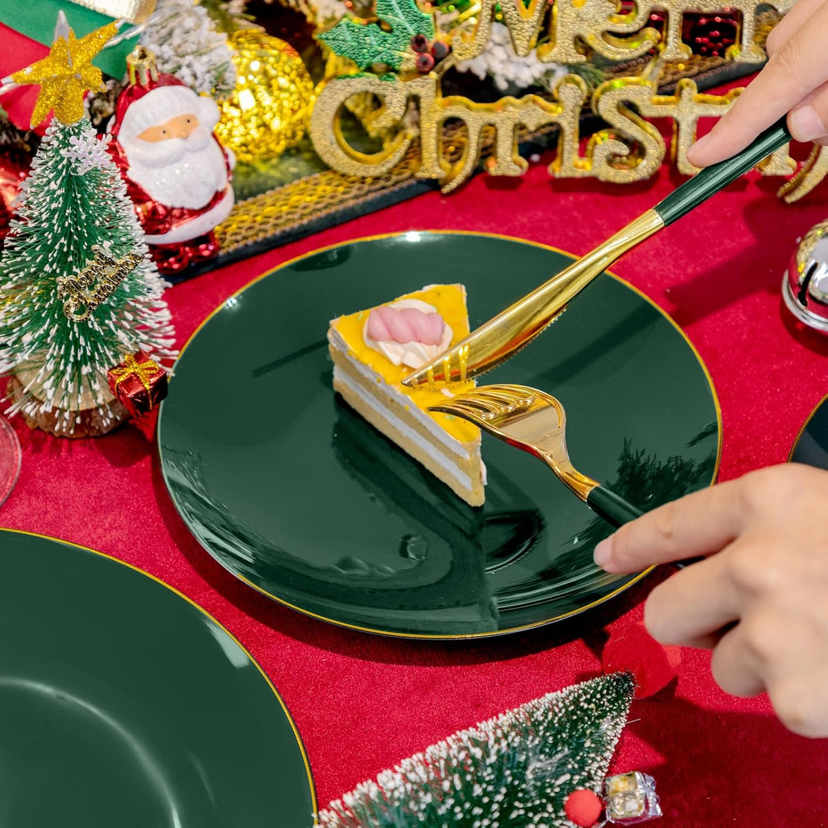 Liacere 150PCS Green Plastic Plates - Gold Plastic Silverware with Green Handle - Heavy Duty Fancy