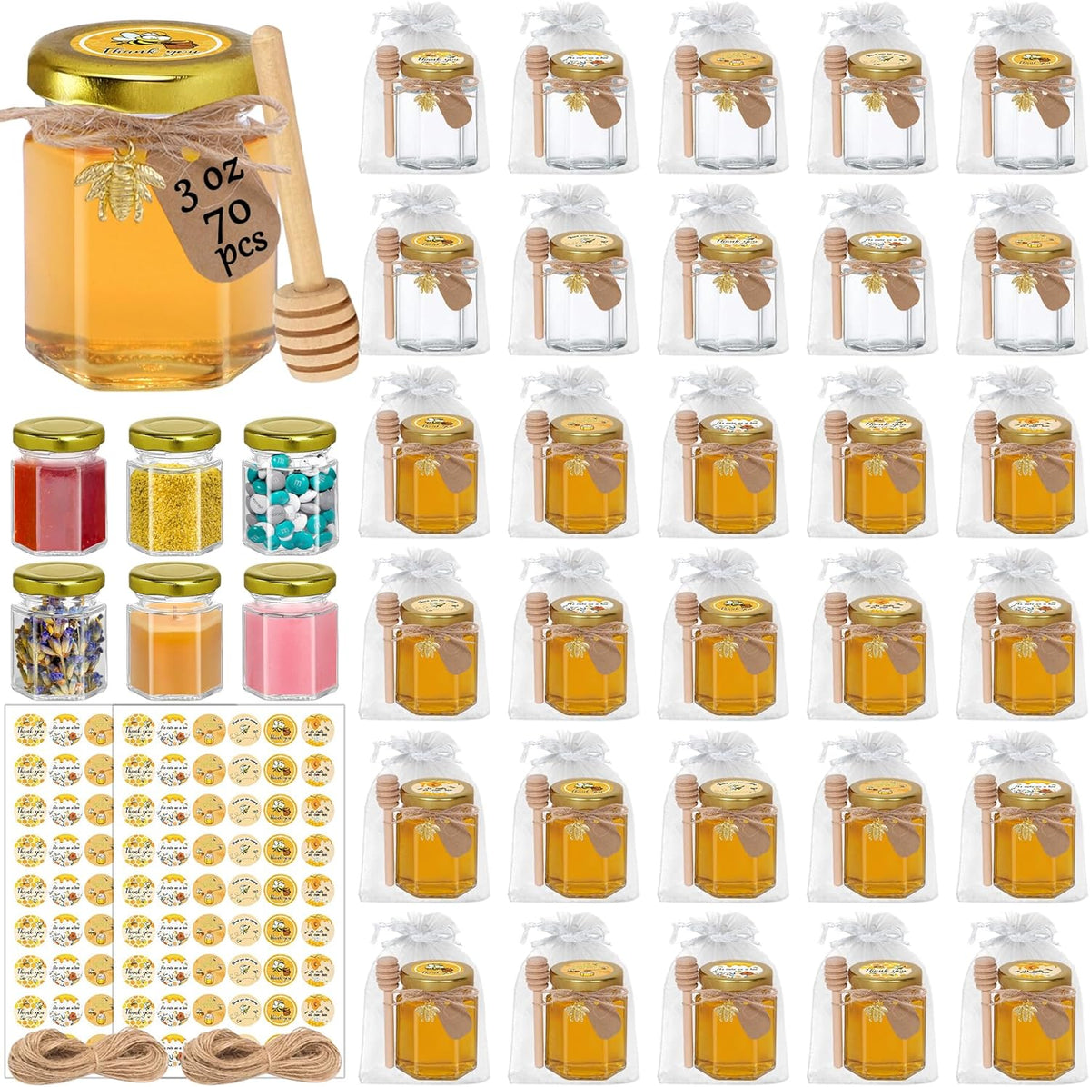 Aliggbent 70 Pack Small Honey Jars for Party Favors in Bulk, 3 oz Mini Hexagon Glass Honey Jars
