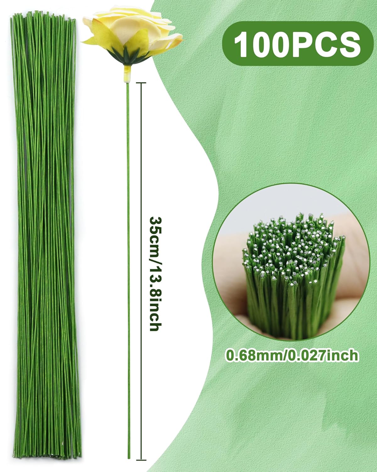 100 PCS FIVEIZERO 26 Gauge LightGreen Floral Wire Stems for Artificial Flower Making,Florist