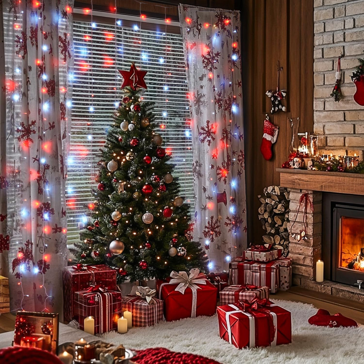 JMEXSUSS 300LED Red and White Christmas Curtain Lights with Remote, 9.8x9.8ft Christmas String