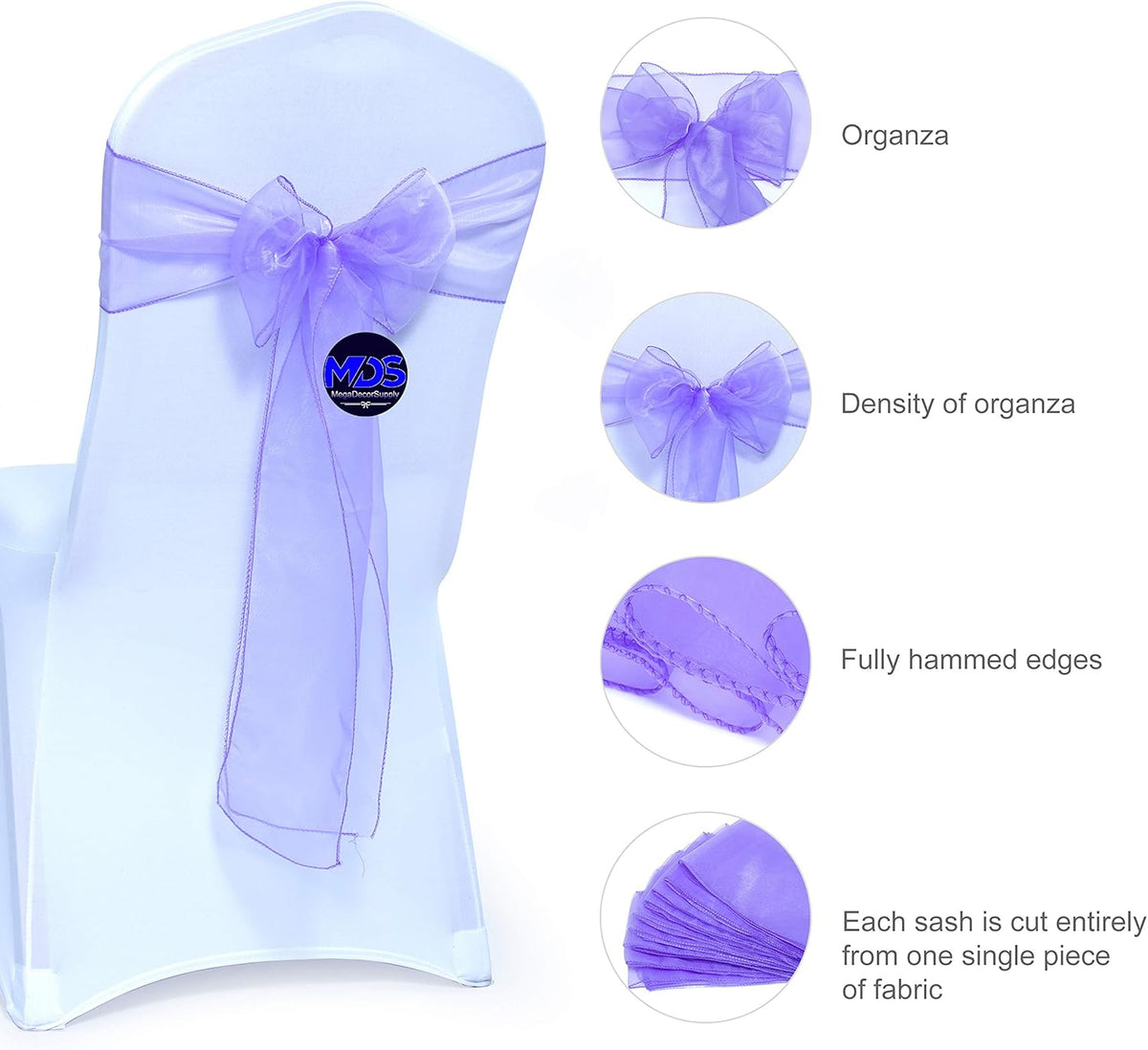 MDS Pack of 150 PCS Organza Chair Sashes Wider Dining Chair Bows Ribbon Tie Back for Wedding Party