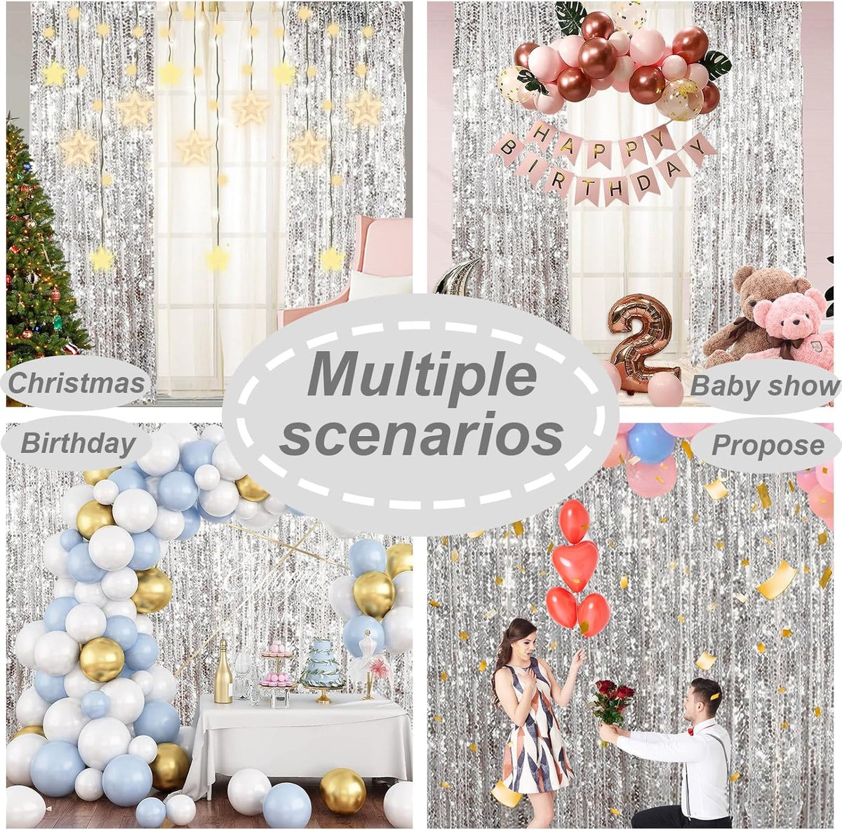 9FTx9FT Silver Big Sequin Backdrop Curtains Panels Drapes Home Party Supplies Sequin Background for