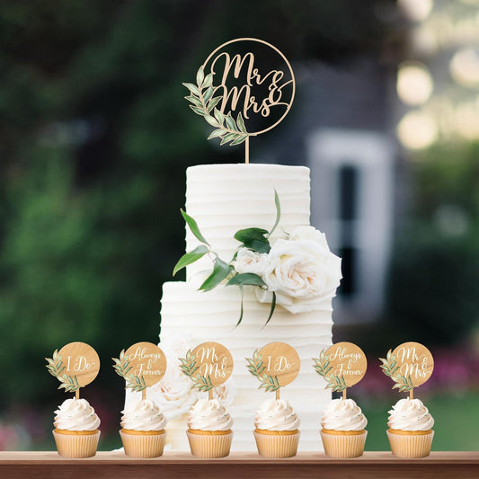 Mr & Mrs Cake Topper & 12 PCS Wedding Cupcake Toppers Green Wedding Decorations in Wood