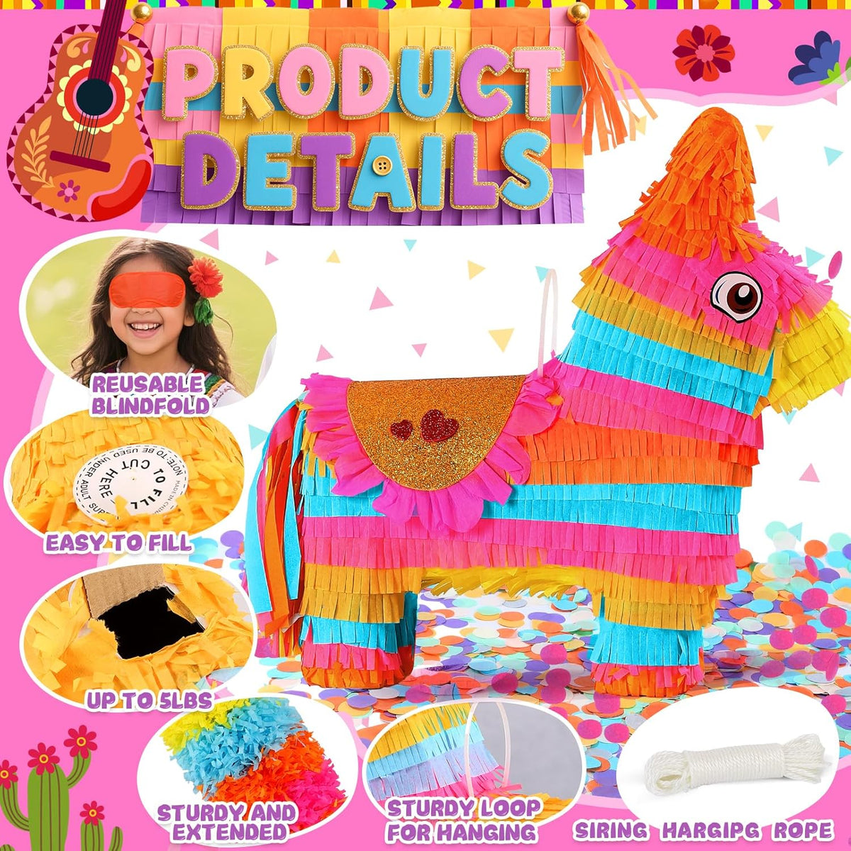 Cinco De Mayo Donkey Pinata with 24" Stick and Rope | Large Rainbow Piñata Decorations for Birthday