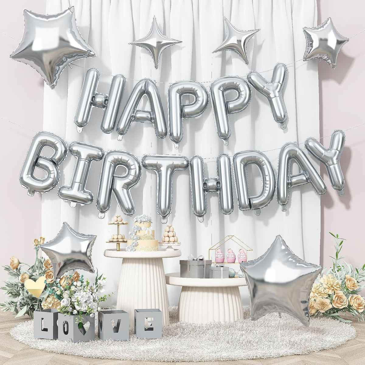 Silver Happy Birthday Balloon Banner, 16 Inch Mylar Foil Letter Balloons, Reusable Birthday