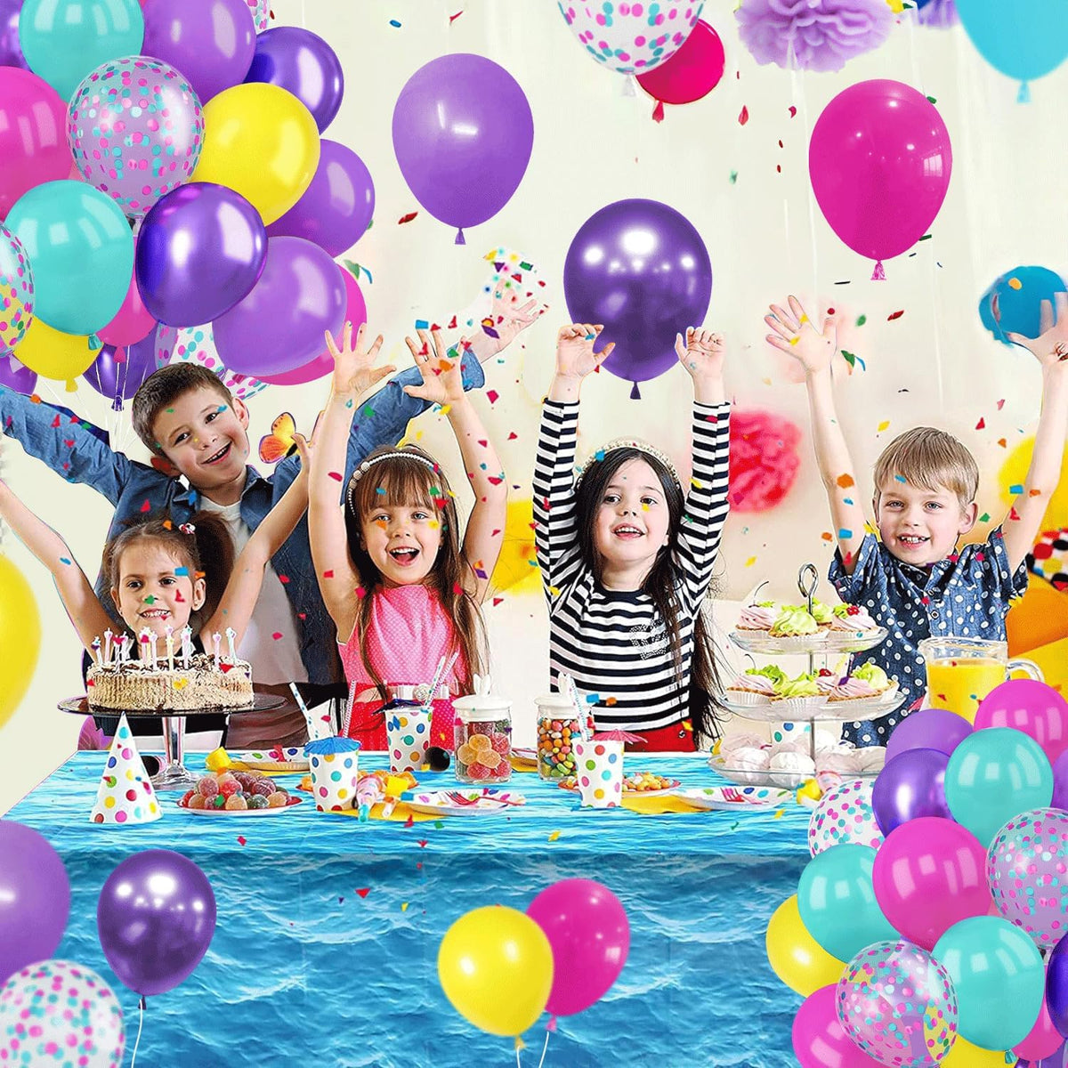 Pink Blue Purple Balloons, 50 Pcs 12 Inches Hot Pink Metallic Purple Teal Yellow Balloons Confetti