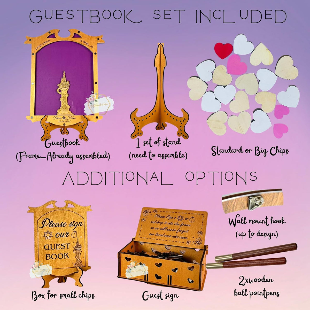Tangled Guest Book Wedding Alternative | Gold Princess Tower Guestbook | Personalized Wooden Drop