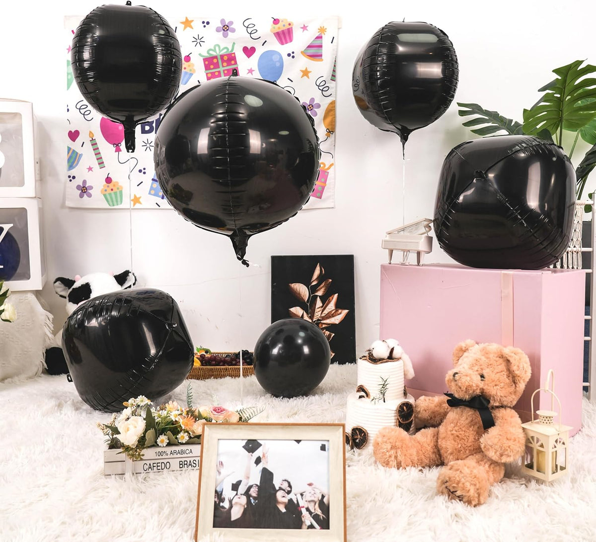 Giant 4D Foil Balloons, 6Pcs Large Metallic Black Round Balloons, 22 Inch Big Round Foil Balloon