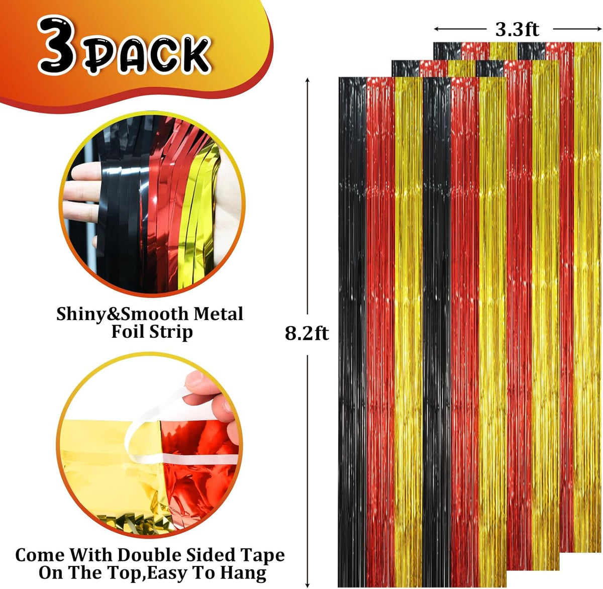 3 Pack 3.3 x 8.2 ft Red Black Gold Foil Fringe Backdrop Curtains, Tinsel Streamers Party