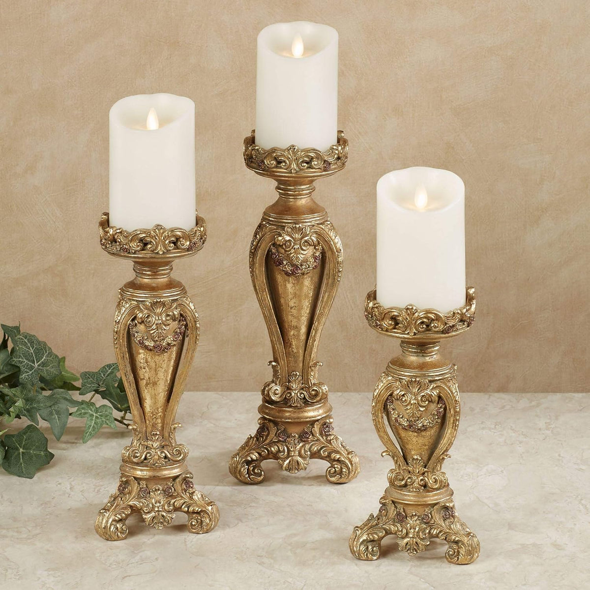 Touch of Class Angelique Ornate Candleholders Aged Gold Set of 3 - Victorian Style Table