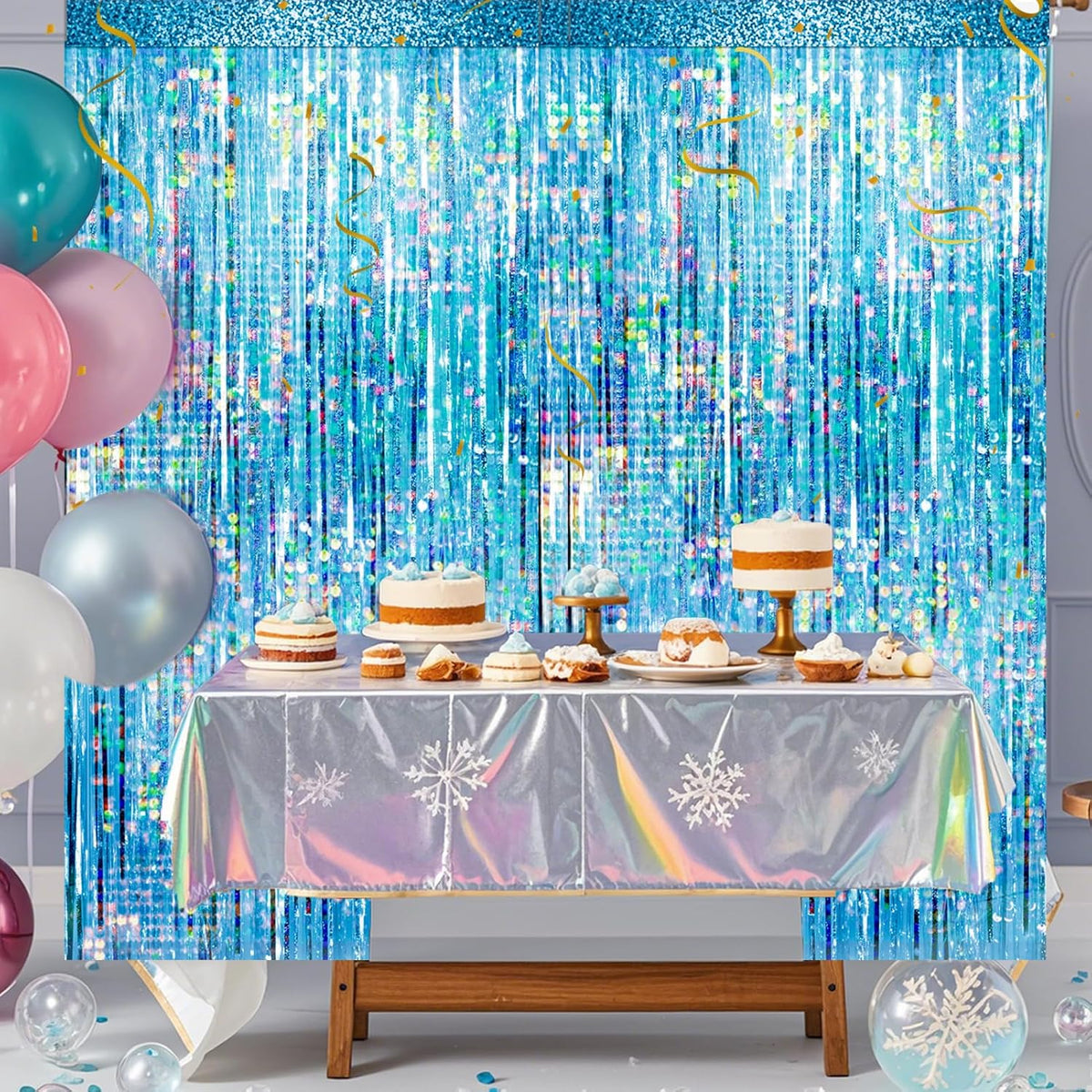 4 Packs Blue Foil Fringe Curtain, Light Blue Glitter Metallic Tinsel Backdrop for Birthday