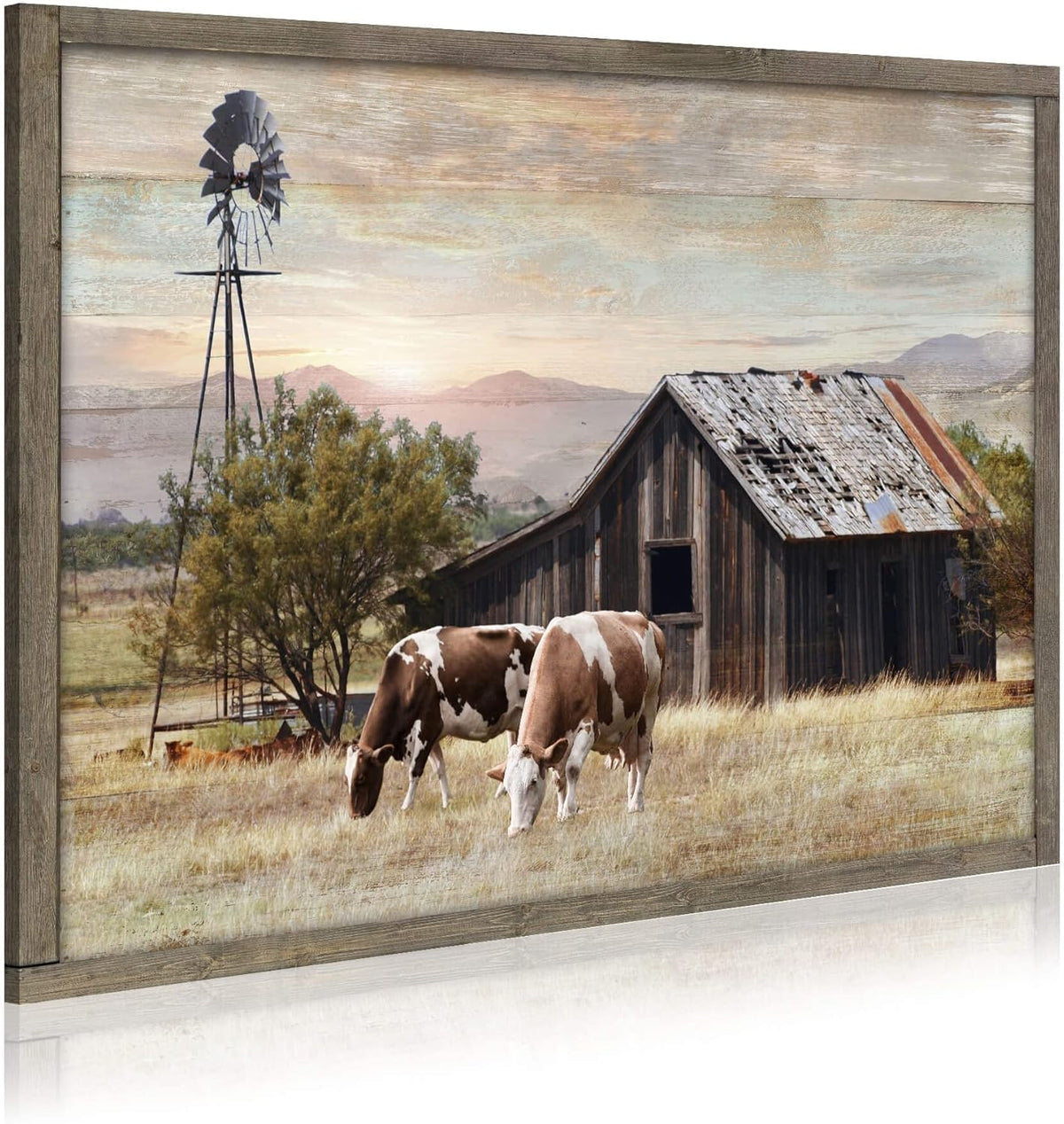 Rustic Wall Decor Barn Framed - Vintage Farmhouse Cow & Windmill Landscape Picture Artwork for Home