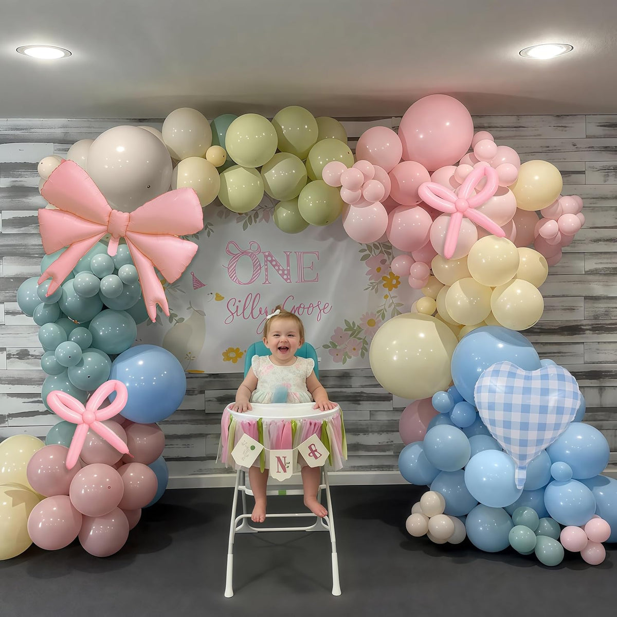 Goose Balloon Arch Kit Pastel Pink Blue Sage Green Balloons Garland with Bow Gingham Heart Foil
