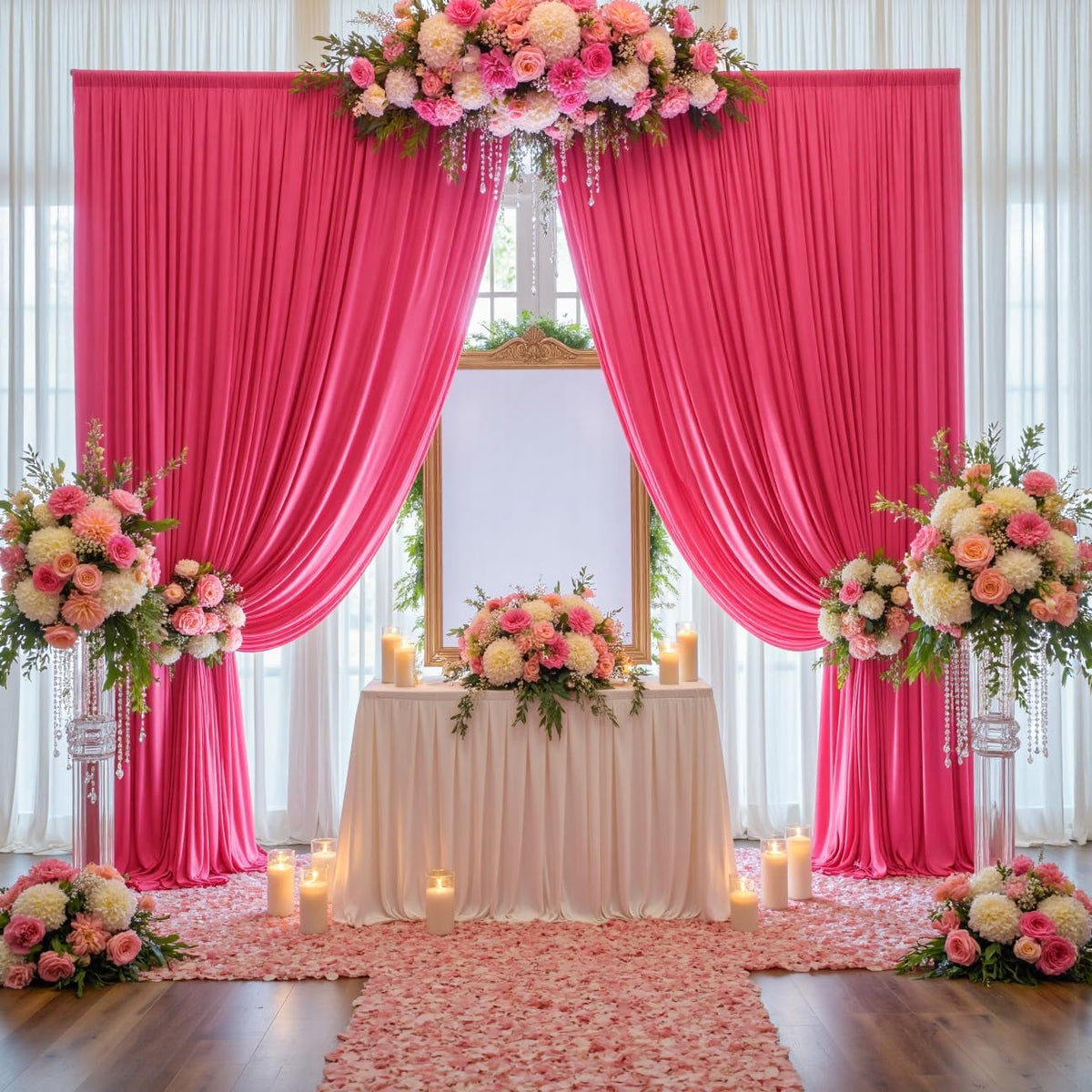 20 ft x 10 ft Wrinkle Free Fuchsia Backdrop Curtain for Parties, 4 Panels Polyester Hot Pink Photo